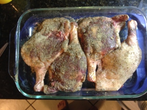 Duck legs, curing in a mixture of salt, Szechuan peppercorns, and lapsang souchong tea leaves