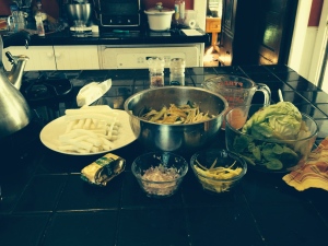 Anna-Marie's kitchen, with most of my mise-en-place and an accidental filter.