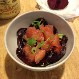 Warm beet noodle and grapefruit salad